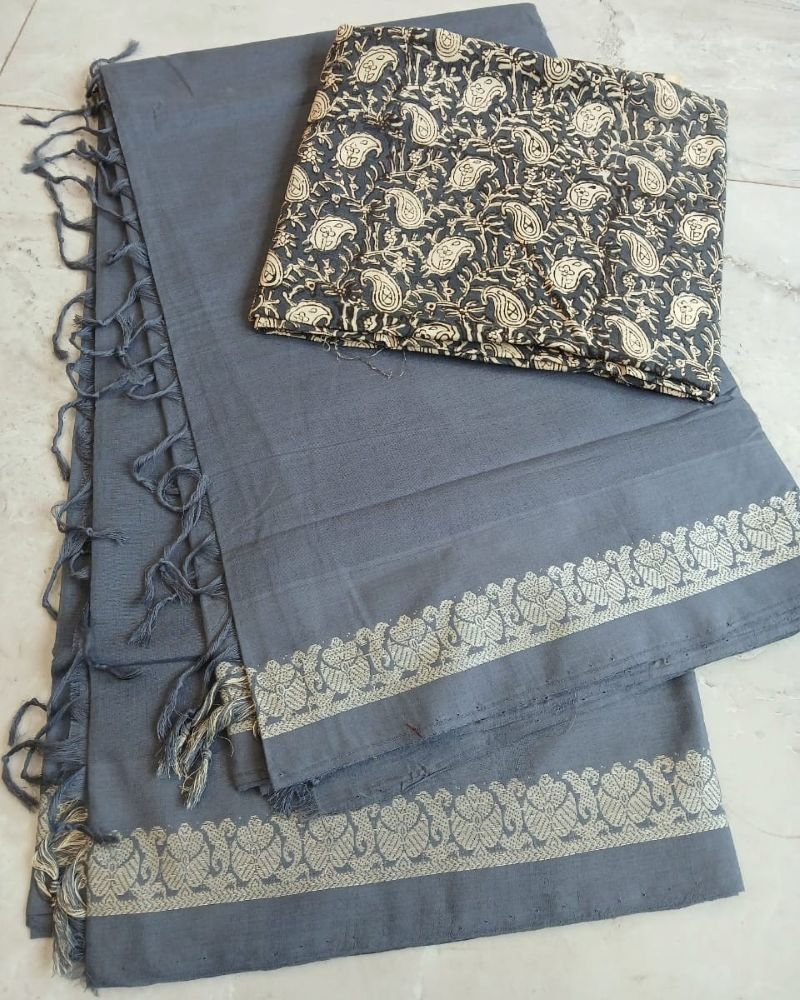 Kasaragod Cotton Handweave Saree With Matching Blockprinted Blousepiece – (KCHS1004)