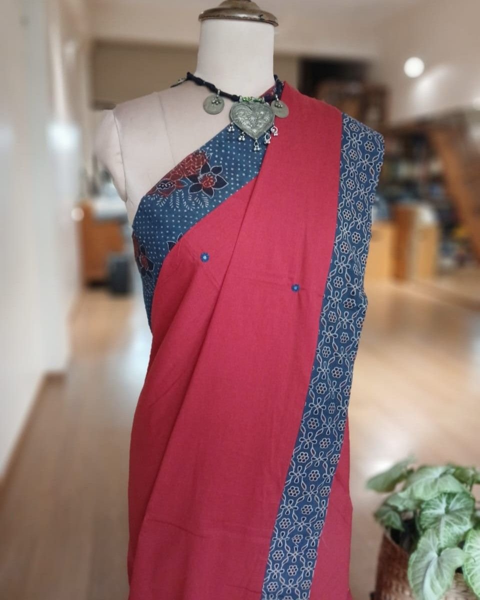 Ajrakh Applique Saree in Mul Cotton – (MCAS0005) - Image 2