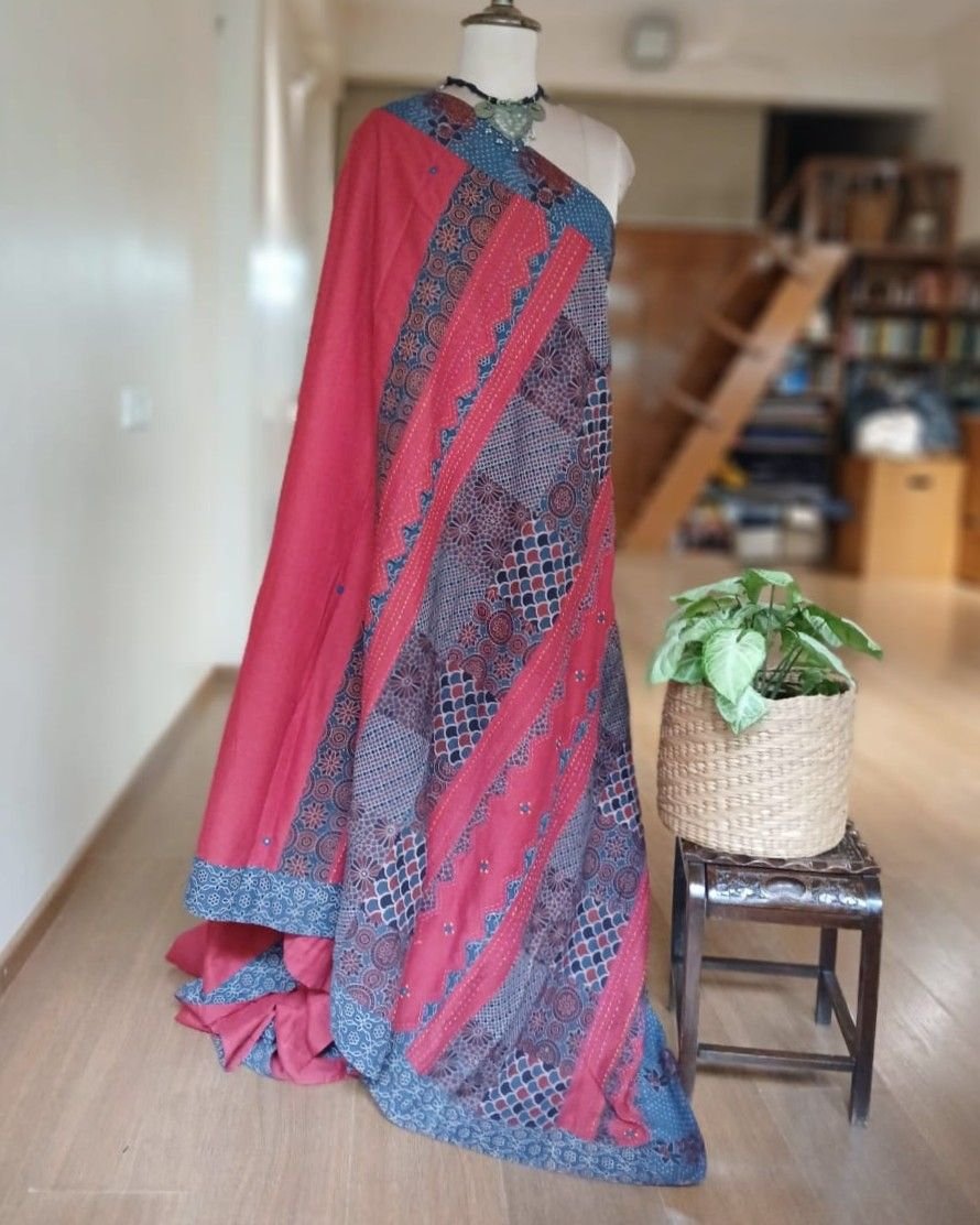 Ajrakh Applique Saree in Mul Cotton – (MCAS0005)