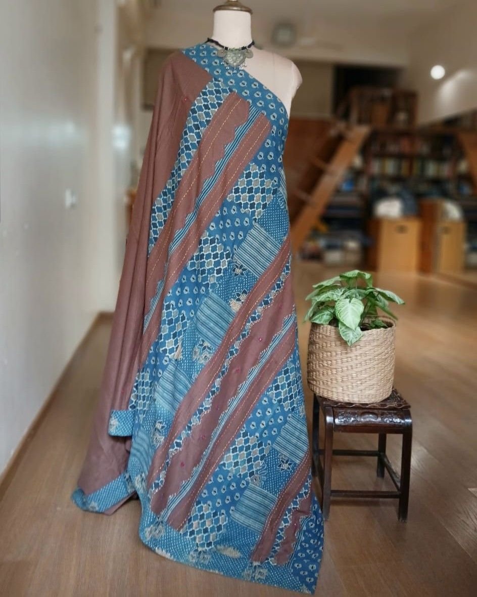 Ajrakh Applique Saree in Mul Cotton – (MCAS0006)