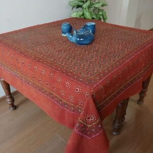 Square Ajrakh Embroidered Tablecloth in Natural Dyes 5ft x 5ft - (TCAE1006)