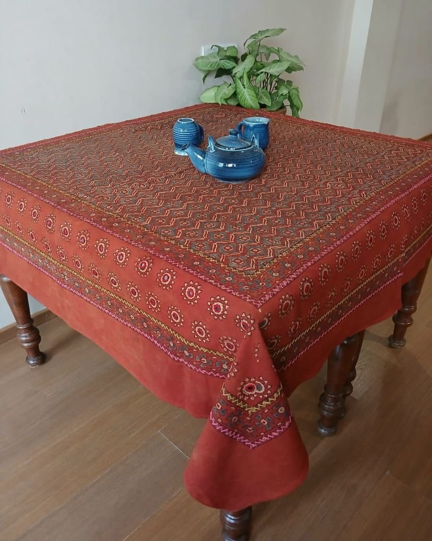 Square Ajrakh Embroidered Tablecloth in Natural Dyes 5ft x 5ft - (TCAE1006)