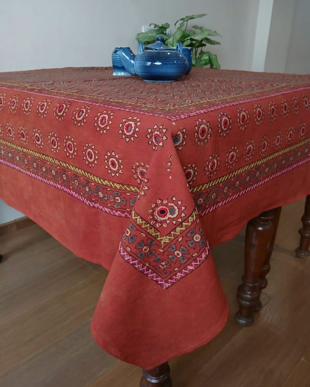 Square Ajrakh Embroidered Tablecloth in Natural Dyes 5ft x 5ft - (TCAE1006) - Image 2