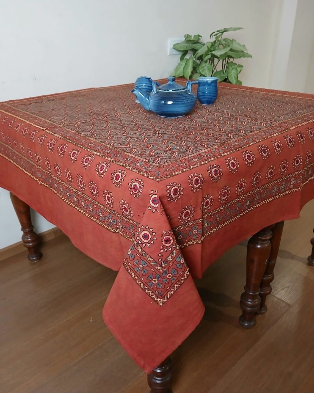 Square Ajrakh Embroidered Tablecloth in Natural Dyes 5ft x 5ft - (TCAE1010)