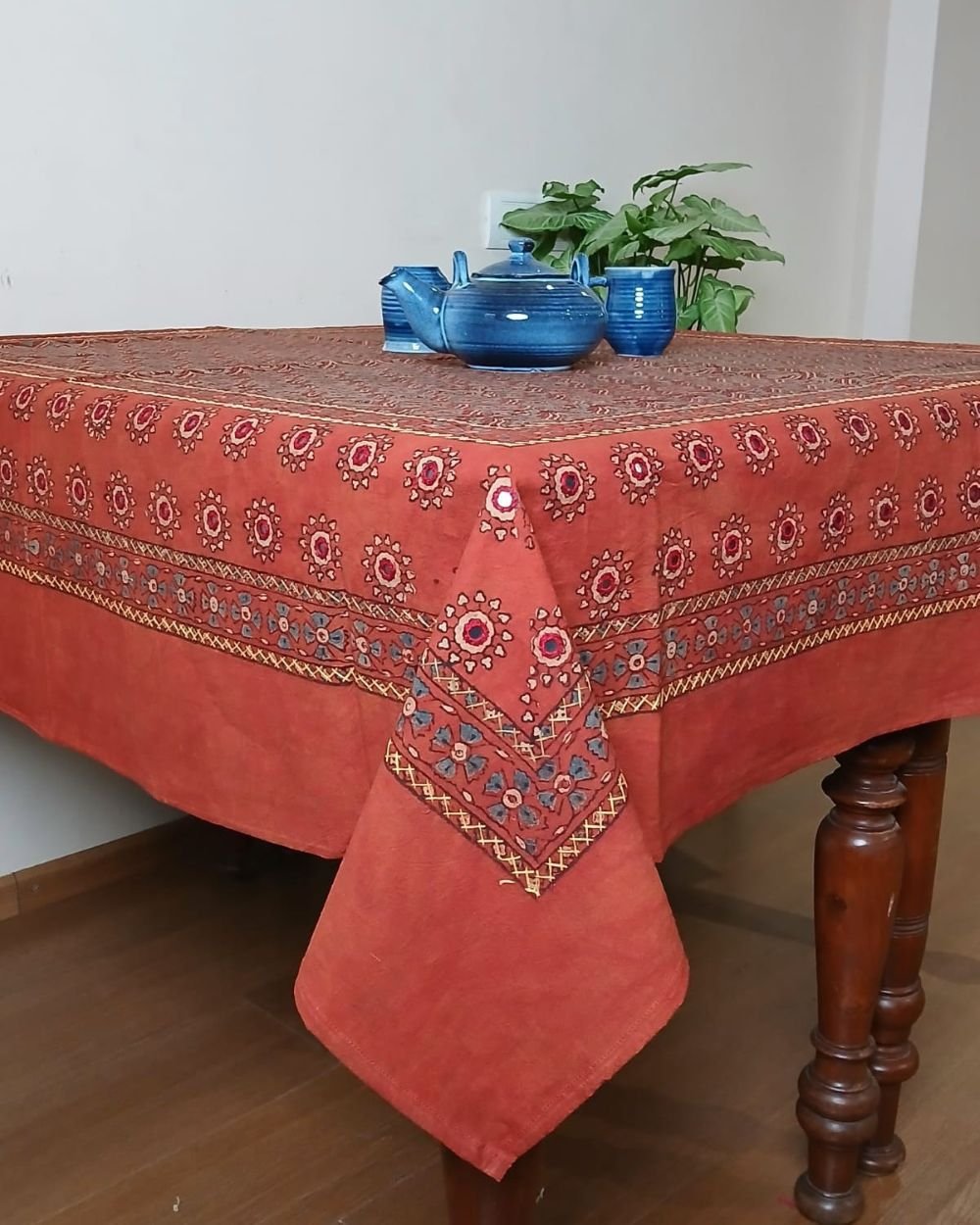 Square Ajrakh Embroidered Tablecloth in Natural Dyes 5ft x 5ft - (TCAE1010) - Image 3