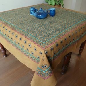Square Ajrakh Embroidered Tablecloth in Natural Dyes 5ft x 5ft - (TCAE1005)