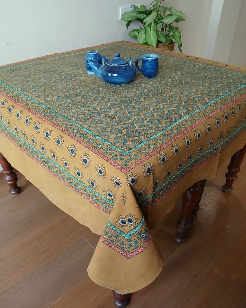 Square Ajrakh Embroidered Tablecloth in Natural Dyes 5ft x 5ft - (TCAE1005)