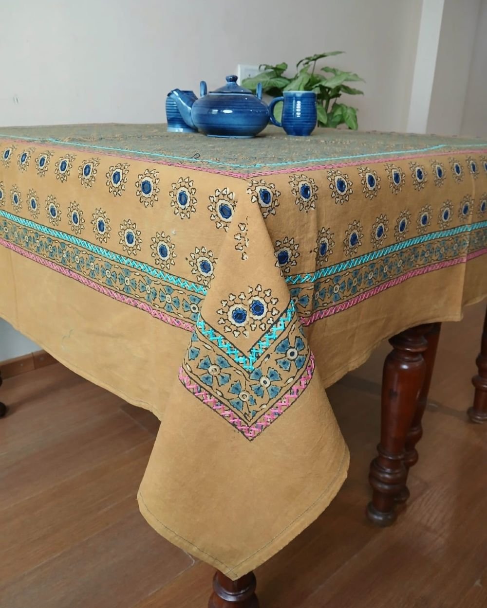 Square Ajrakh Embroidered Tablecloth in Natural Dyes 5ft x 5ft - (TCAE1005) - Image 2