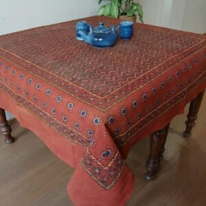 Square Ajrakh Embroidered Tablecloth in Natural Dyes 5ft x 5ft - (TCAE1007)