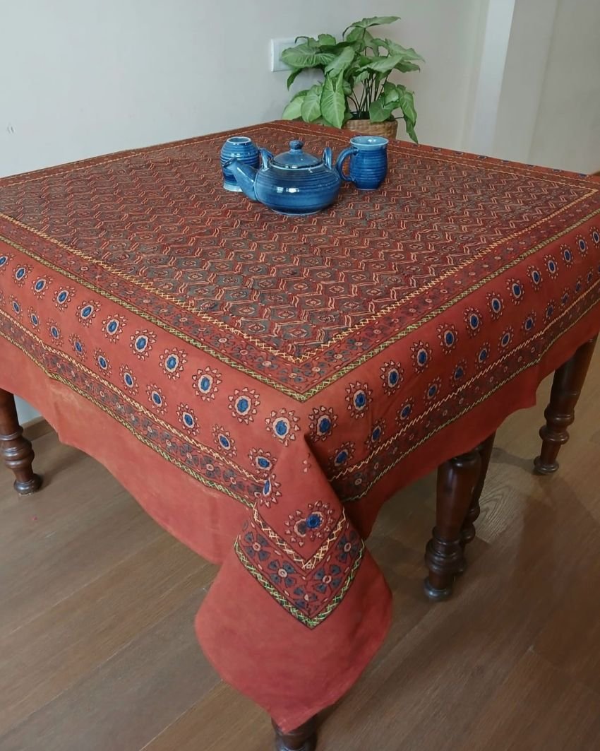 Square Ajrakh Embroidered Tablecloth in Natural Dyes 5ft x 5ft - (TCAE1007)