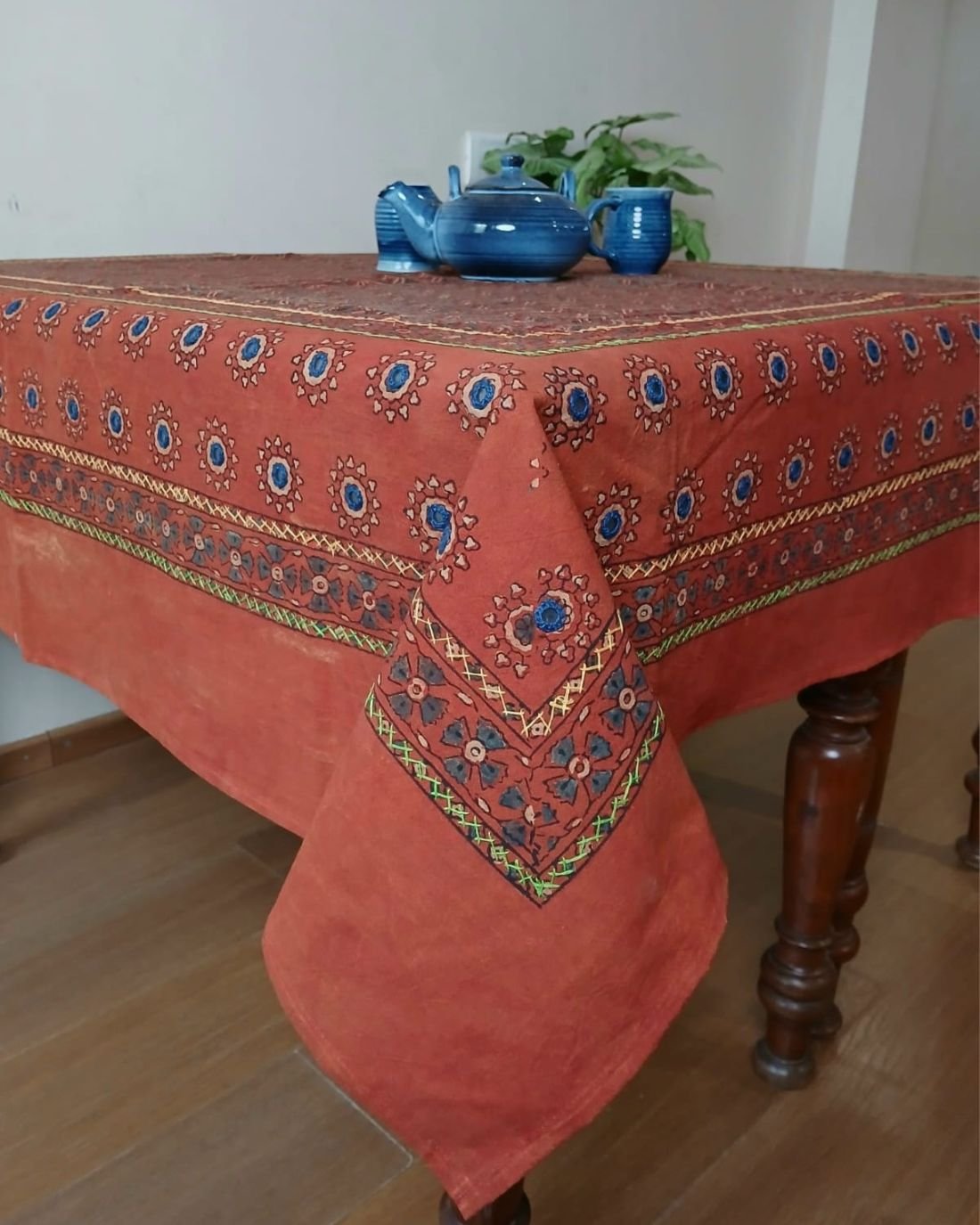 Square Ajrakh Embroidered Tablecloth in Natural Dyes 5ft x 5ft - (TCAE1007) - Image 2