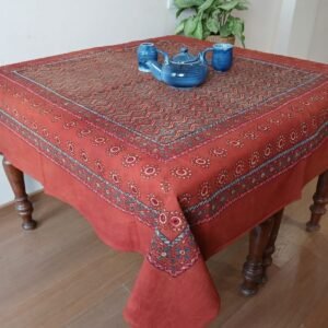 Square Ajrakh Embroidered Tablecloth in Natural Dyes 5ft x 5ft - (TCAE1008)