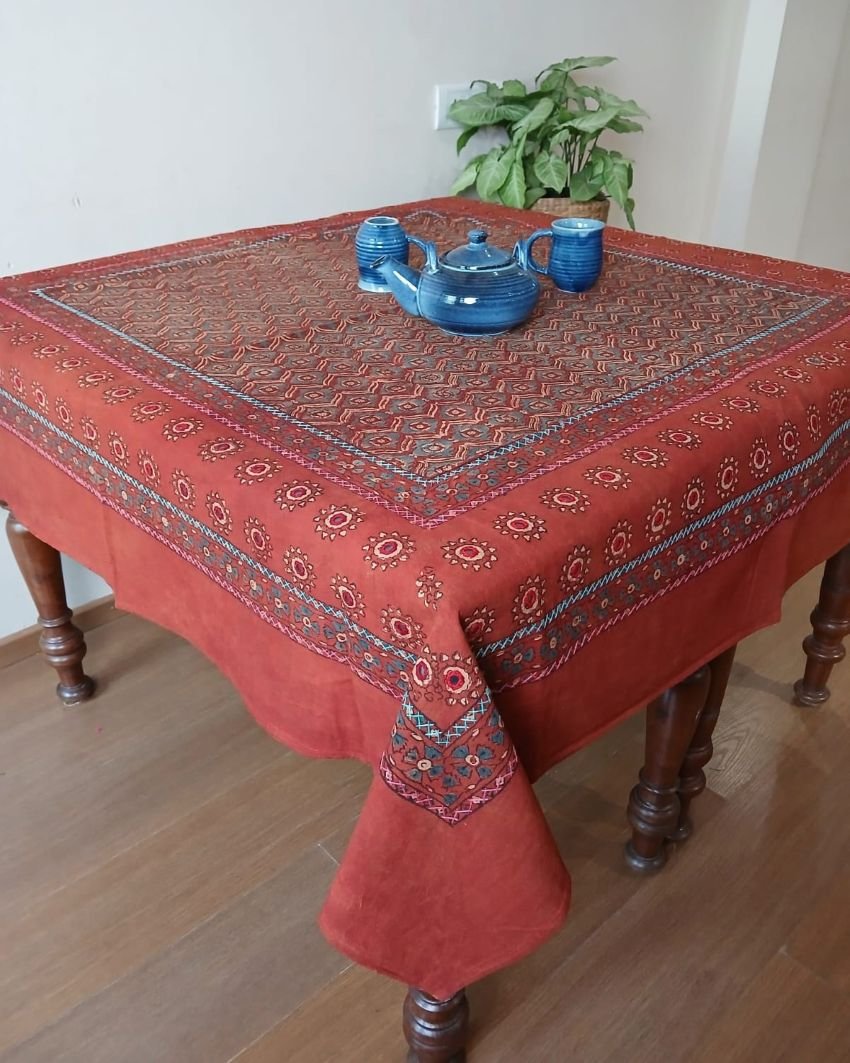 Square Ajrakh Embroidered Tablecloth in Natural Dyes 5ft x 5ft - (TCAE1008)