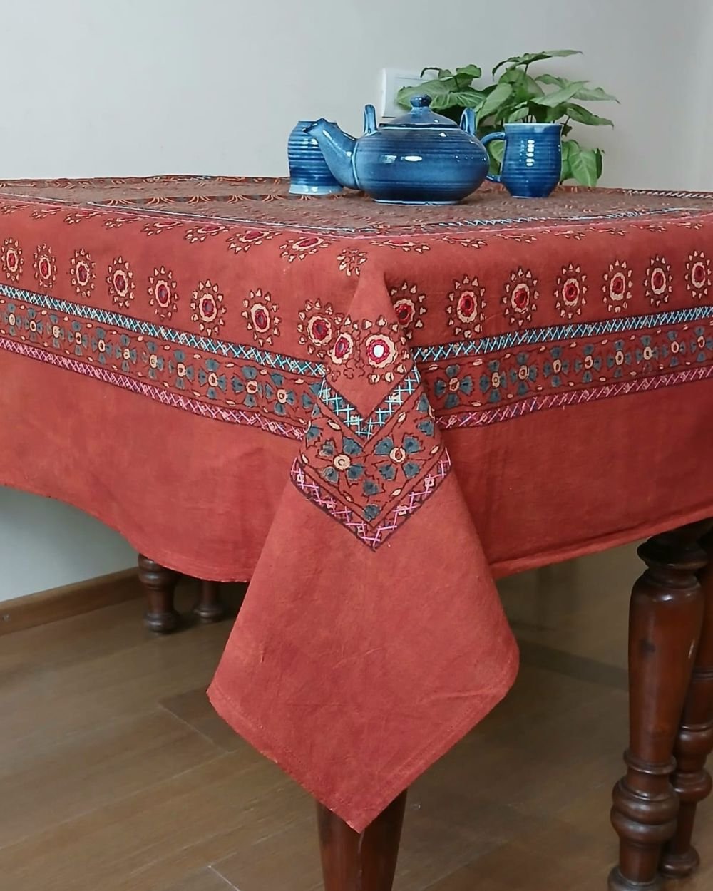 Square Ajrakh Embroidered Tablecloth in Natural Dyes 5ft x 5ft - (TCAE1008) - Image 2