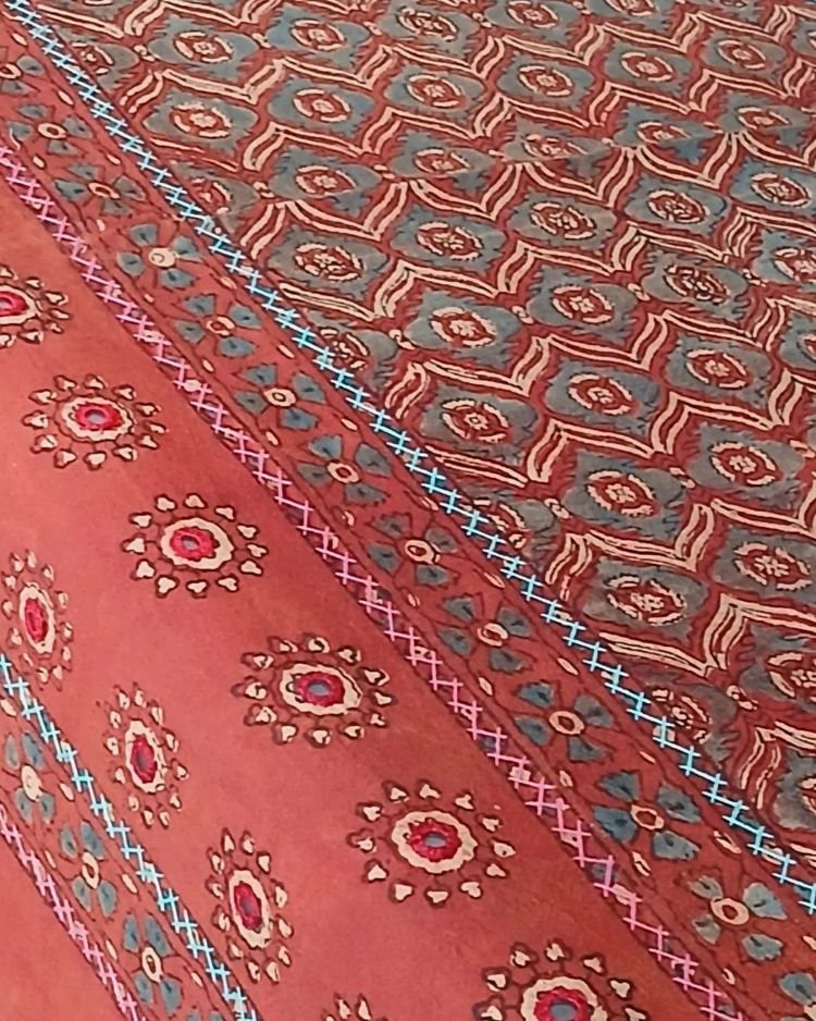 Square Ajrakh Embroidered Tablecloth in Natural Dyes 5ft x 5ft - (TCAE1008) - Image 3