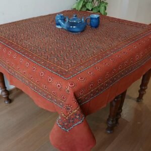 Square Ajrakh Embroidered Tablecloth in Natural Dyes 5ft x 5ft - (TCAE1009)