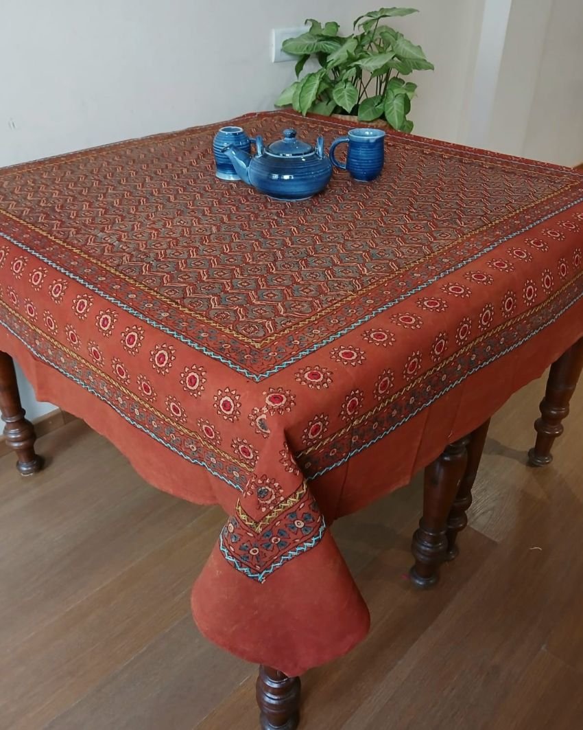 Square Ajrakh Embroidered Tablecloth in Natural Dyes 5ft x 5ft - (TCAE1009)