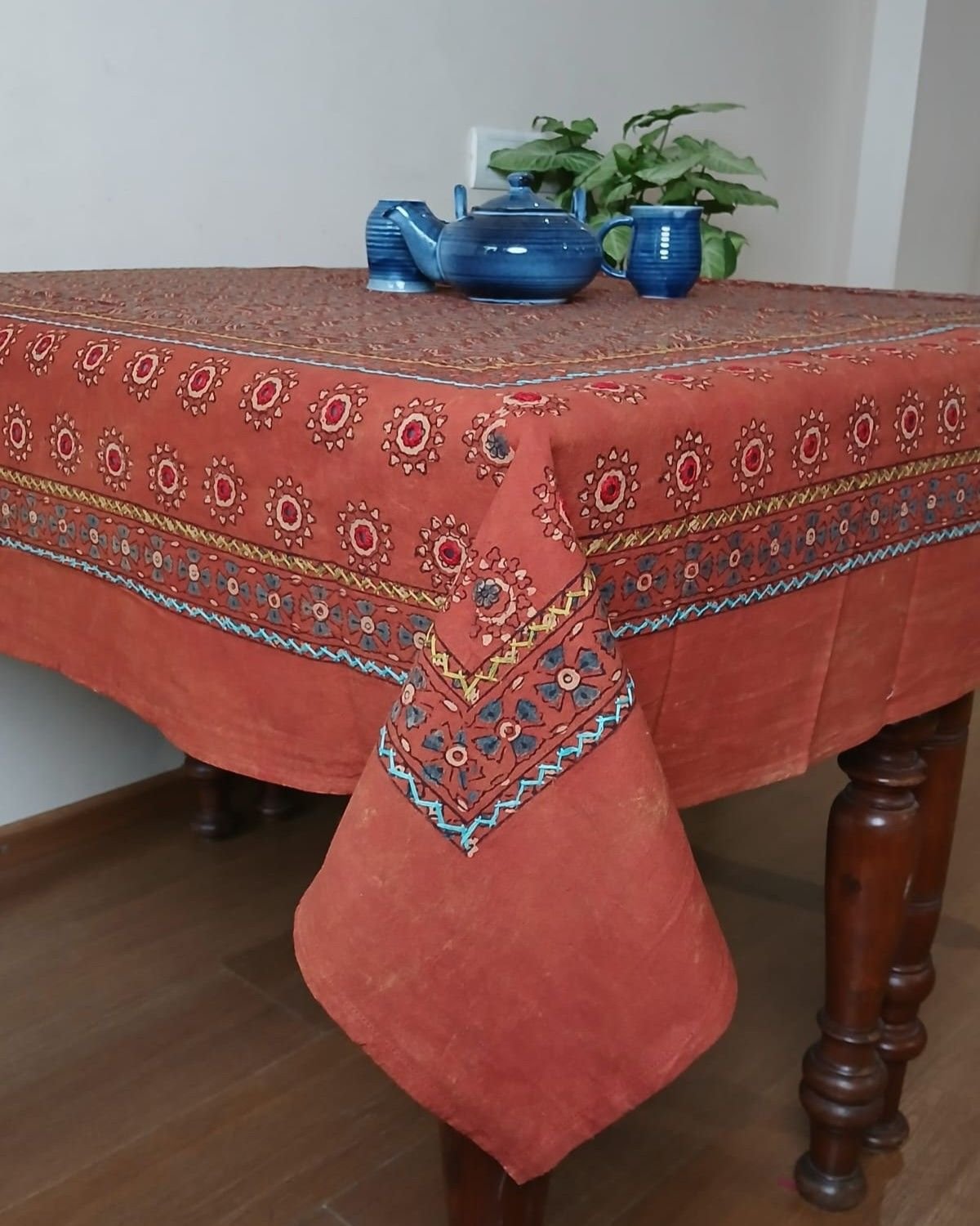 Square Ajrakh Embroidered Tablecloth in Natural Dyes 5ft x 5ft - (TCAE1009) - Image 2