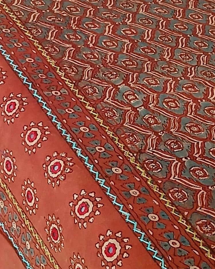 Square Ajrakh Embroidered Tablecloth in Natural Dyes 5ft x 5ft - (TCAE1009) - Image 3