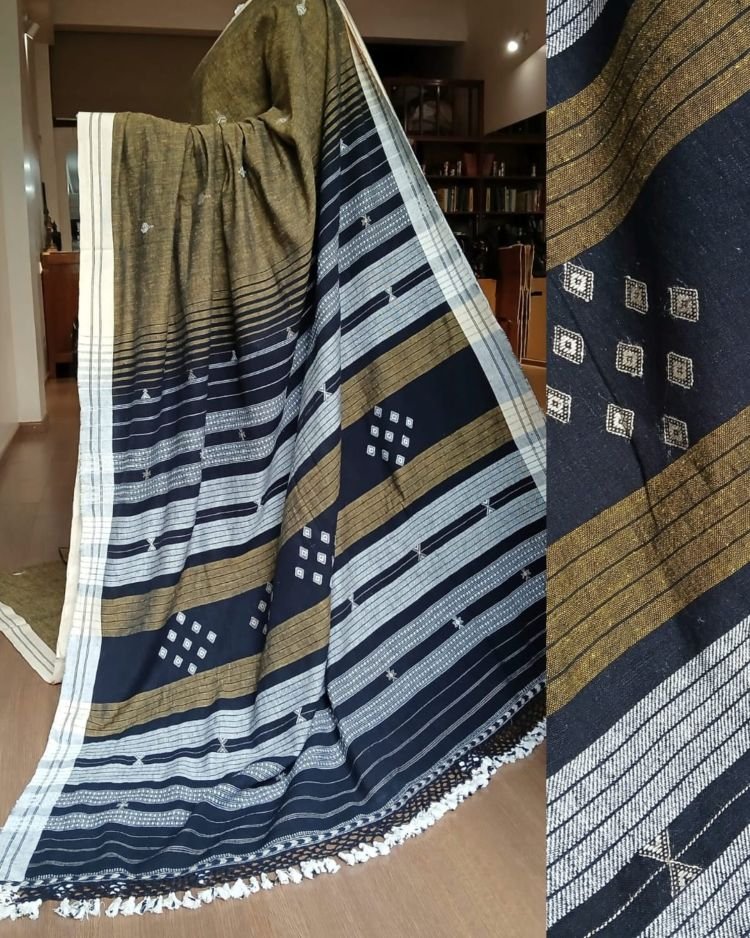 Kala Cotton Bhujodi with Tussar Silk Highlights in the Palla – (BHUJ0018)