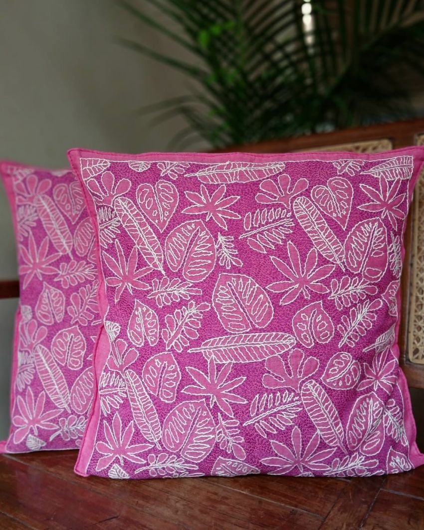 Set of 2 Tropical Fern Leaf Reverse Kantha Cushion Covers –(CUSH1002) - Image 2