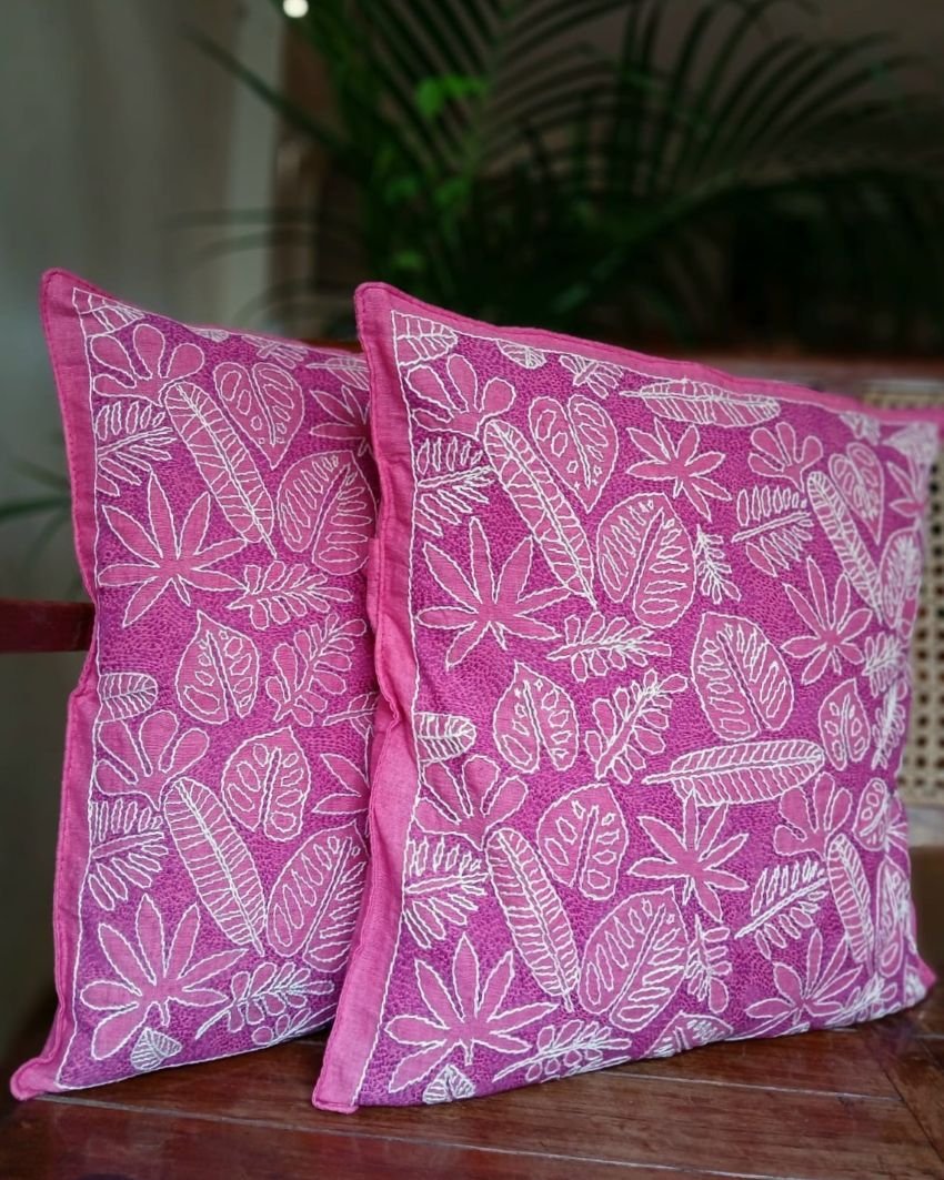 Set of 2 Tropical Fern Leaf Reverse Kantha Cushion Covers –(CUSH1002)