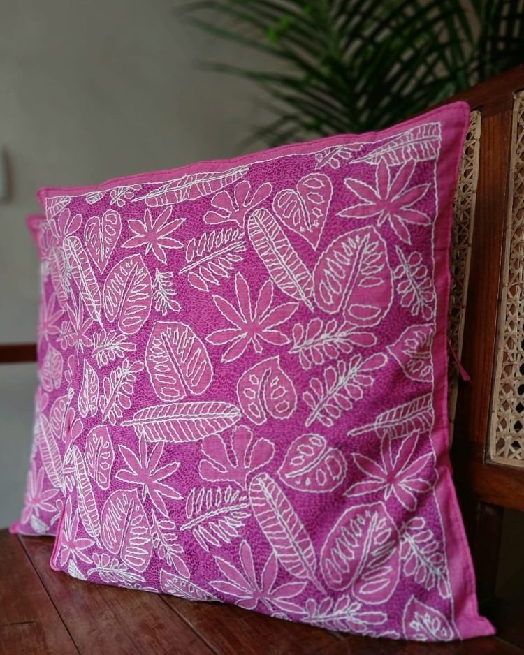 Set of 2 Tropical Fern Leaf Reverse Kantha Cushion Covers –(CUSH1002) - Image 3