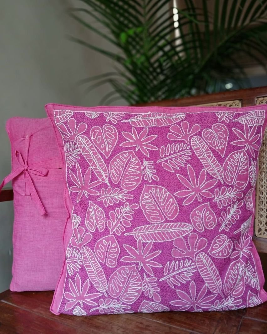 Set of 2 Tropical Fern Leaf Reverse Kantha Cushion Covers –(CUSH1002) - Image 5