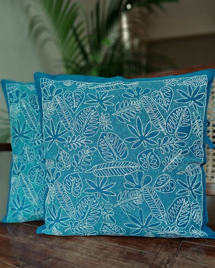 Set of 2 Tropical Fern Leaf Reverse Kantha Cushion Covers –(CUSH1001) - Image 2