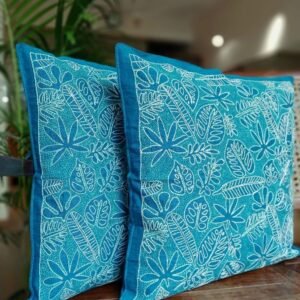 Set of 2 Tropical Fern Leaf Reverse Kantha Cushion Covers –(CUSH1001)