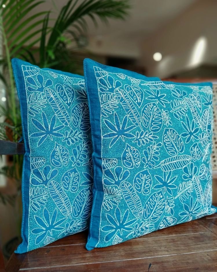 Set of 2 Tropical Fern Leaf Reverse Kantha Cushion Covers –(CUSH1001)