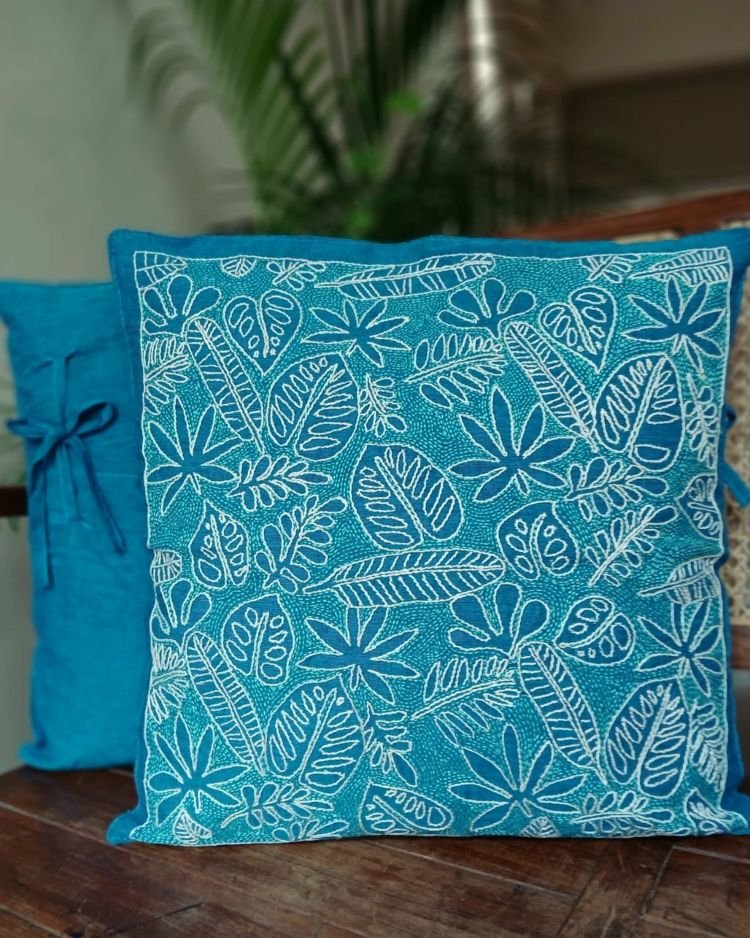 Set of 2 Tropical Fern Leaf Reverse Kantha Cushion Covers –(CUSH1001) - Image 5