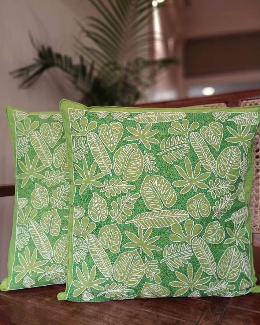 Set of 2 Tropical Fern Leaf Reverse Kantha Cushion Covers –(CUSH1003) - Image 2
