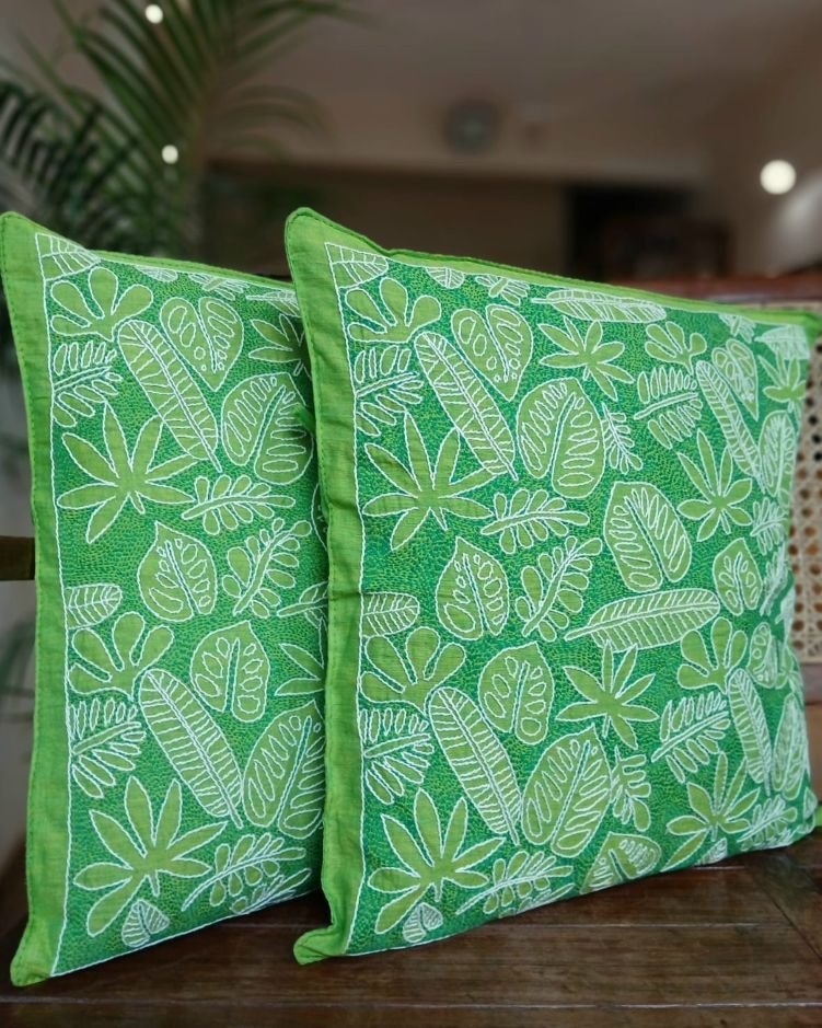 Set of 2 Tropical Fern Leaf Reverse Kantha Cushion Covers –(CUSH1003)