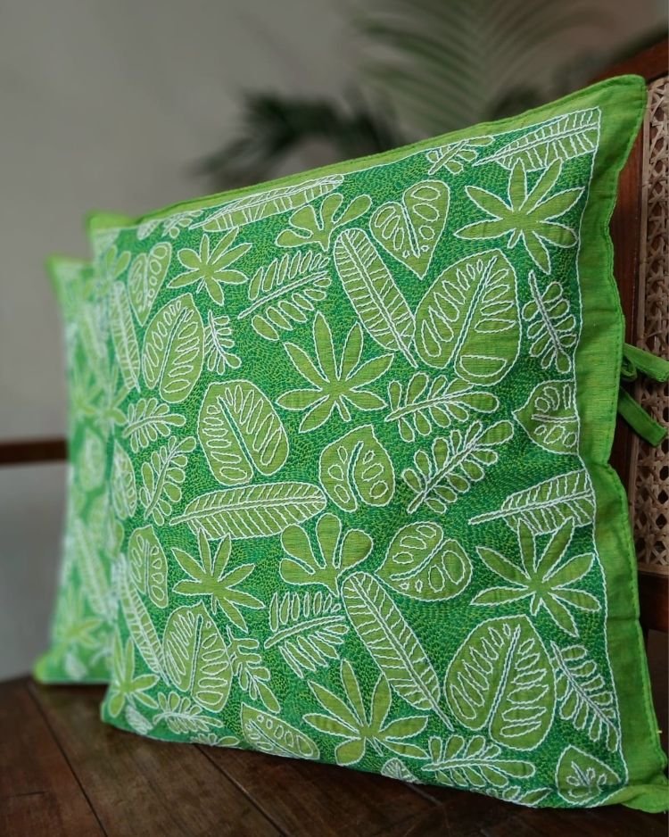 Set of 2 Tropical Fern Leaf Reverse Kantha Cushion Covers –(CUSH1003) - Image 3