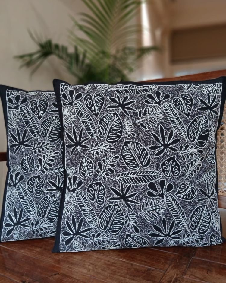 Set of 2 Tropical Fern Leaf Reverse Kantha Cushion Covers – (CUSH1004) - Image 2