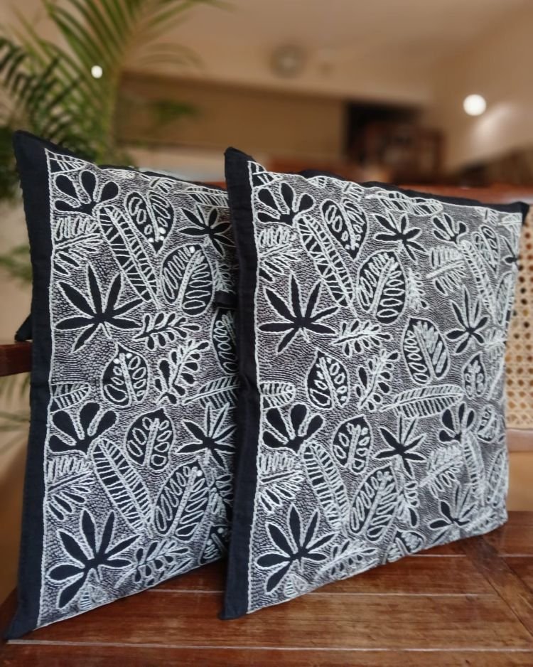 Set of 2 Tropical Fern Leaf Reverse Kantha Cushion Covers – (CUSH1004)
