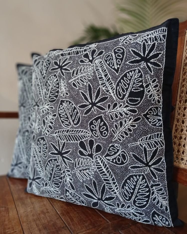 Set of 2 Tropical Fern Leaf Reverse Kantha Cushion Covers – (CUSH1004) - Image 3