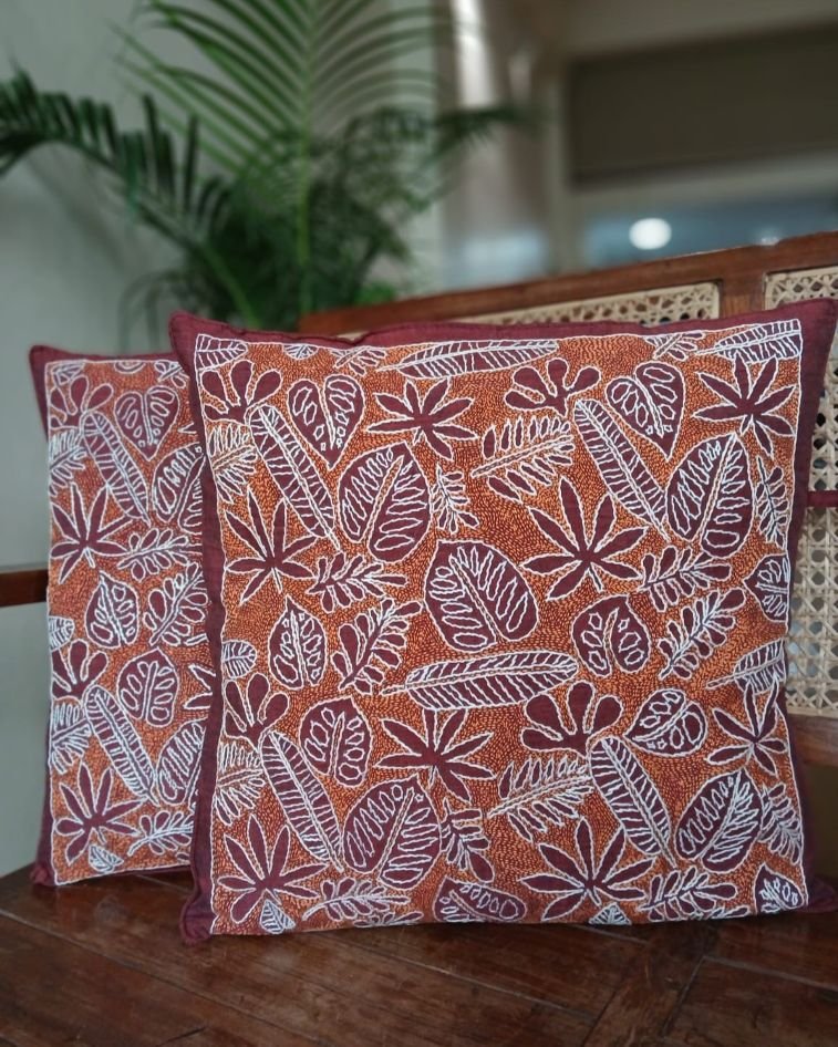 Set of 2 Tropical Fern Leaf Reverse Kantha Cushion Covers – (CUSH1005) - Image 2