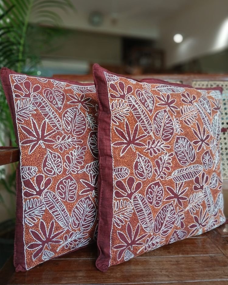 Set of 2 Tropical Fern Leaf Reverse Kantha Cushion Covers – (CUSH1005)