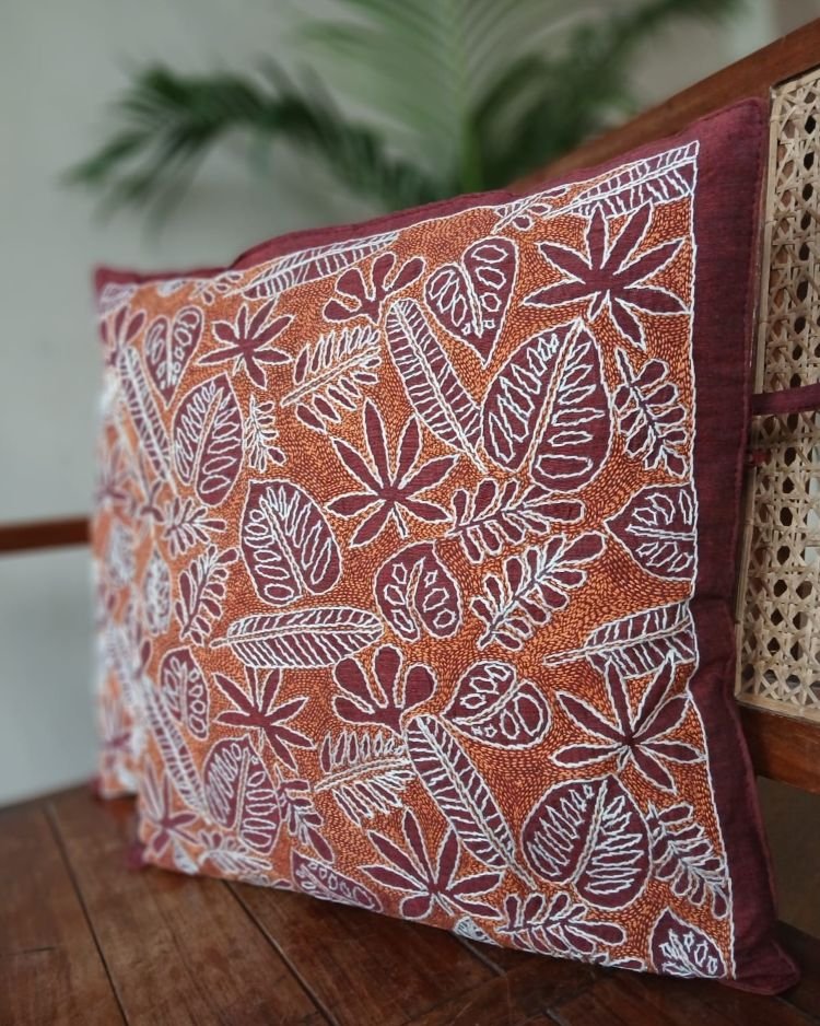 Set of 2 Tropical Fern Leaf Reverse Kantha Cushion Covers – (CUSH1005) - Image 3