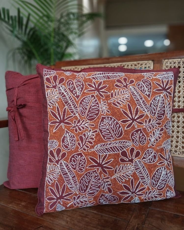 Set of 2 Tropical Fern Leaf Reverse Kantha Cushion Covers – (CUSH1005) - Image 5