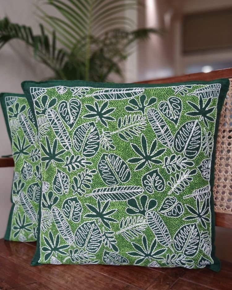 Set of 2 Tropical Fern Leaf Reverse Kantha Cushion Covers – (CUSH1006) - Image 2