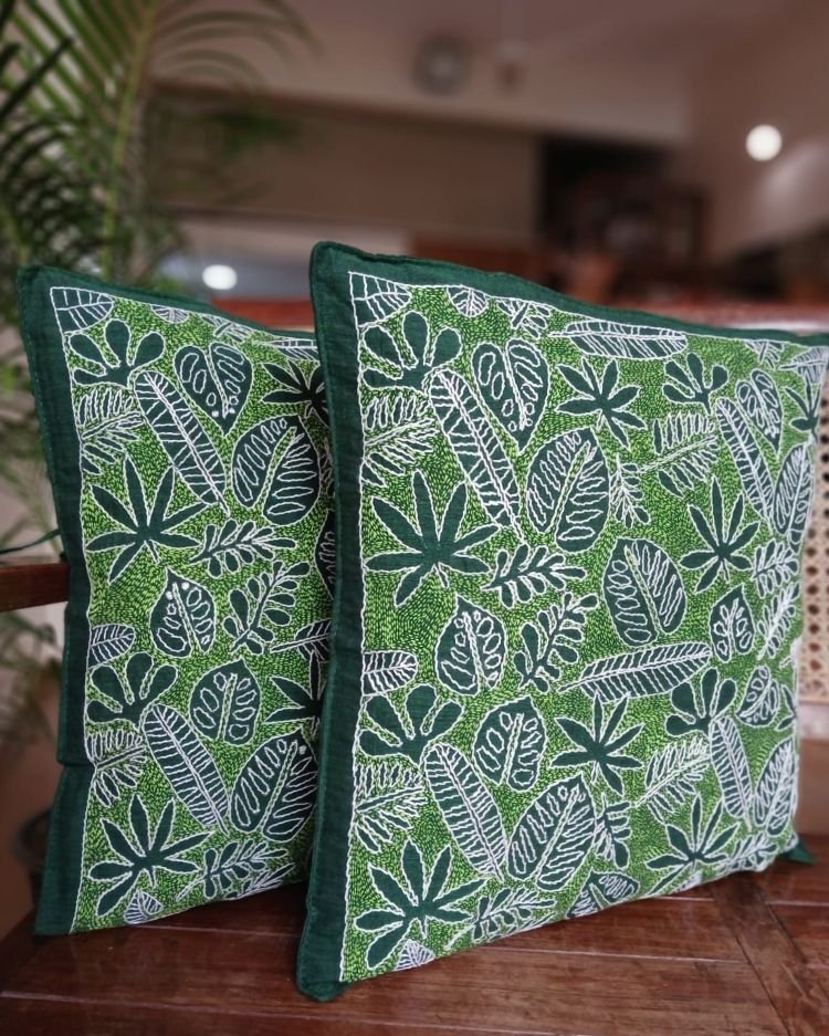 Set of 2 Tropical Fern Leaf Reverse Kantha Cushion Covers – (CUSH1006)