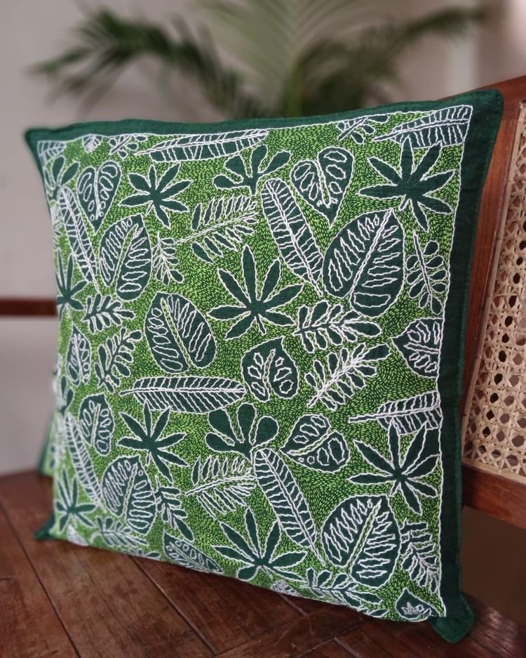 Set of 2 Tropical Fern Leaf Reverse Kantha Cushion Covers – (CUSH1006) - Image 3