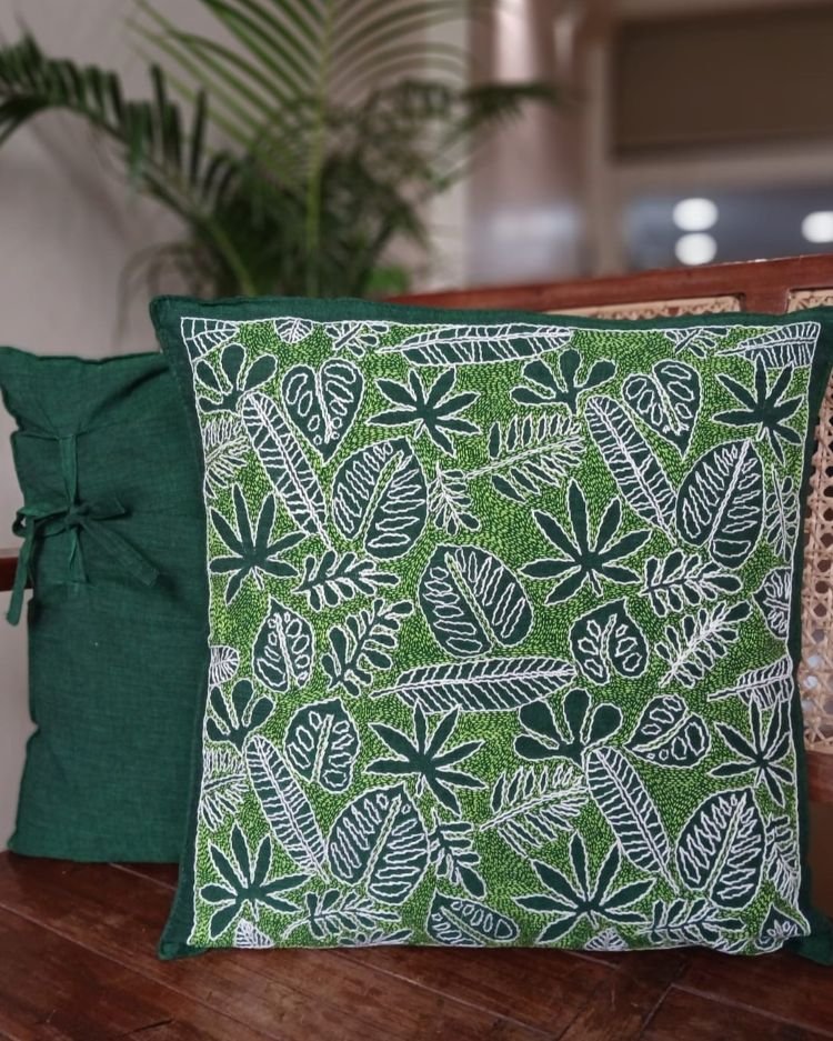 Set of 2 Tropical Fern Leaf Reverse Kantha Cushion Covers – (CUSH1006) - Image 5