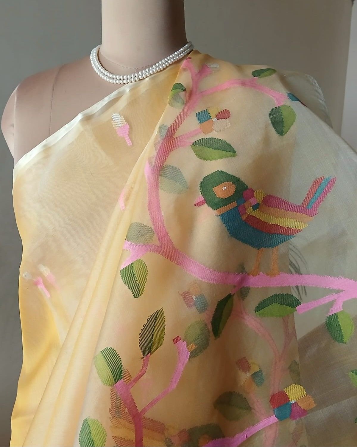 Hand Jamdani in Mulberry Silk with Bird Motifs – (SJMS1187) - Image 2