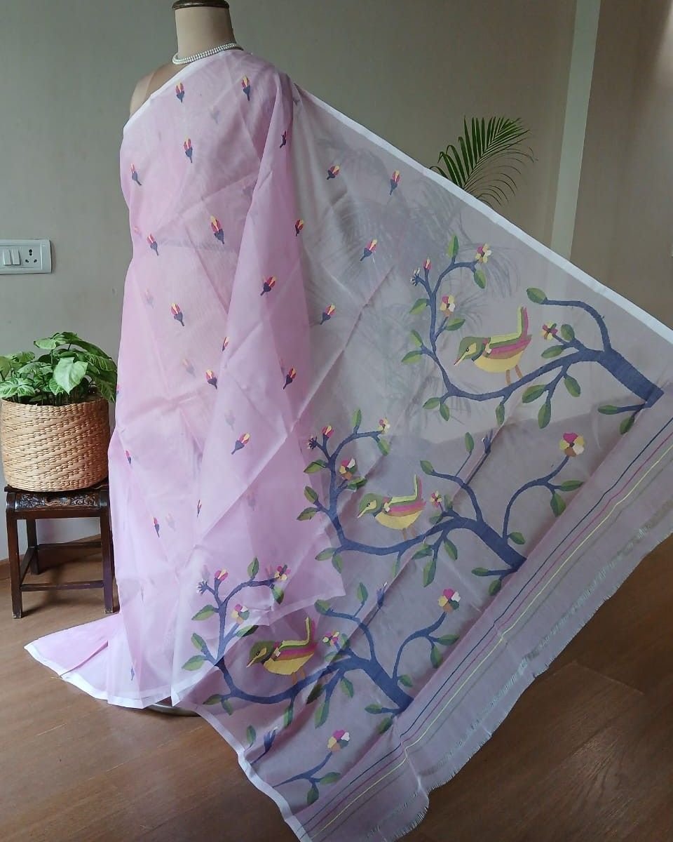 Hand Jamdani in Mulberry Silk with Bird Motifs – (SJMS1186)