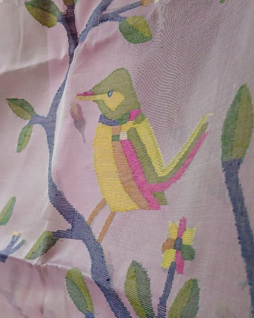 Hand Jamdani in Mulberry Silk with Bird Motifs – (SJMS1186) - Image 2