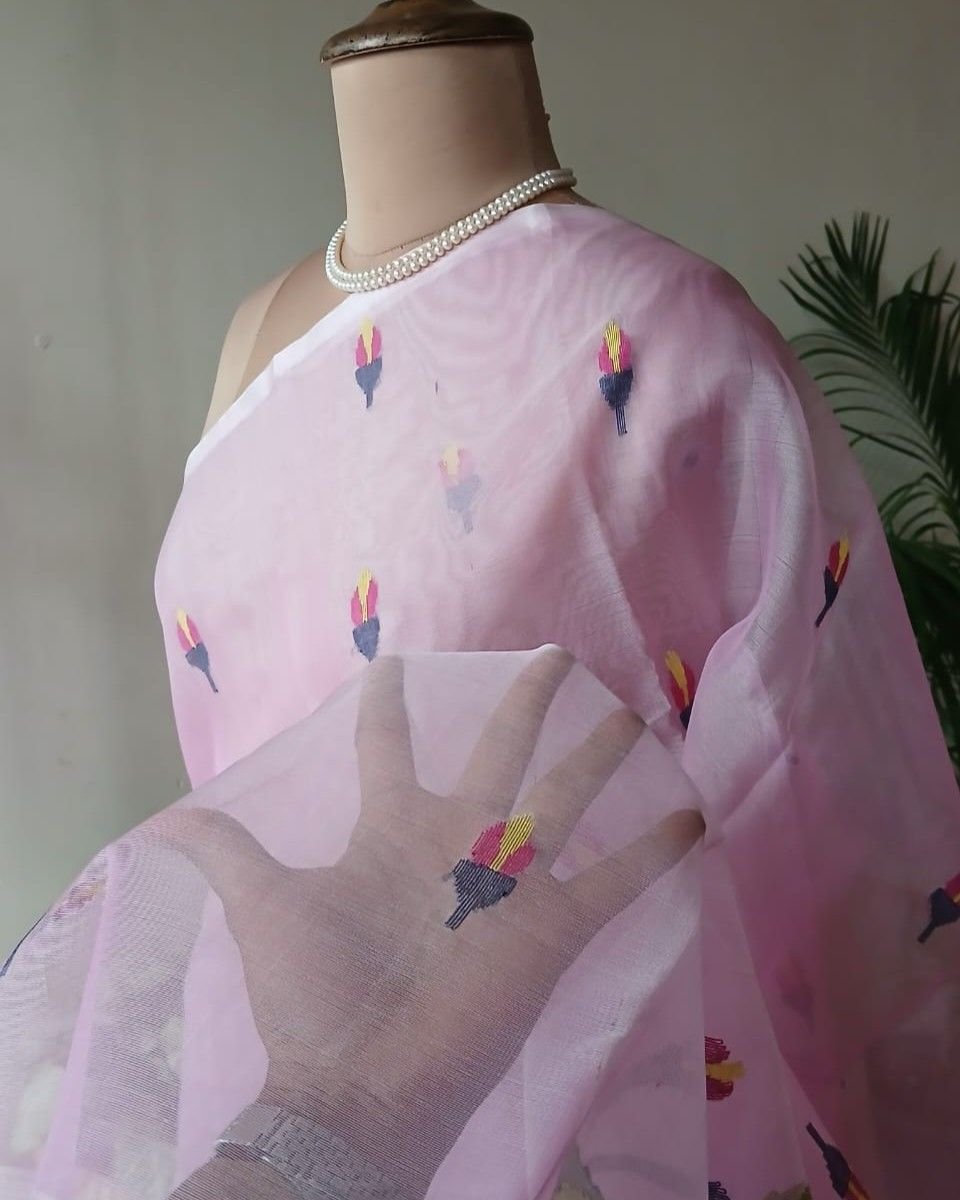 Hand Jamdani in Mulberry Silk with Bird Motifs – (SJMS1186) - Image 4